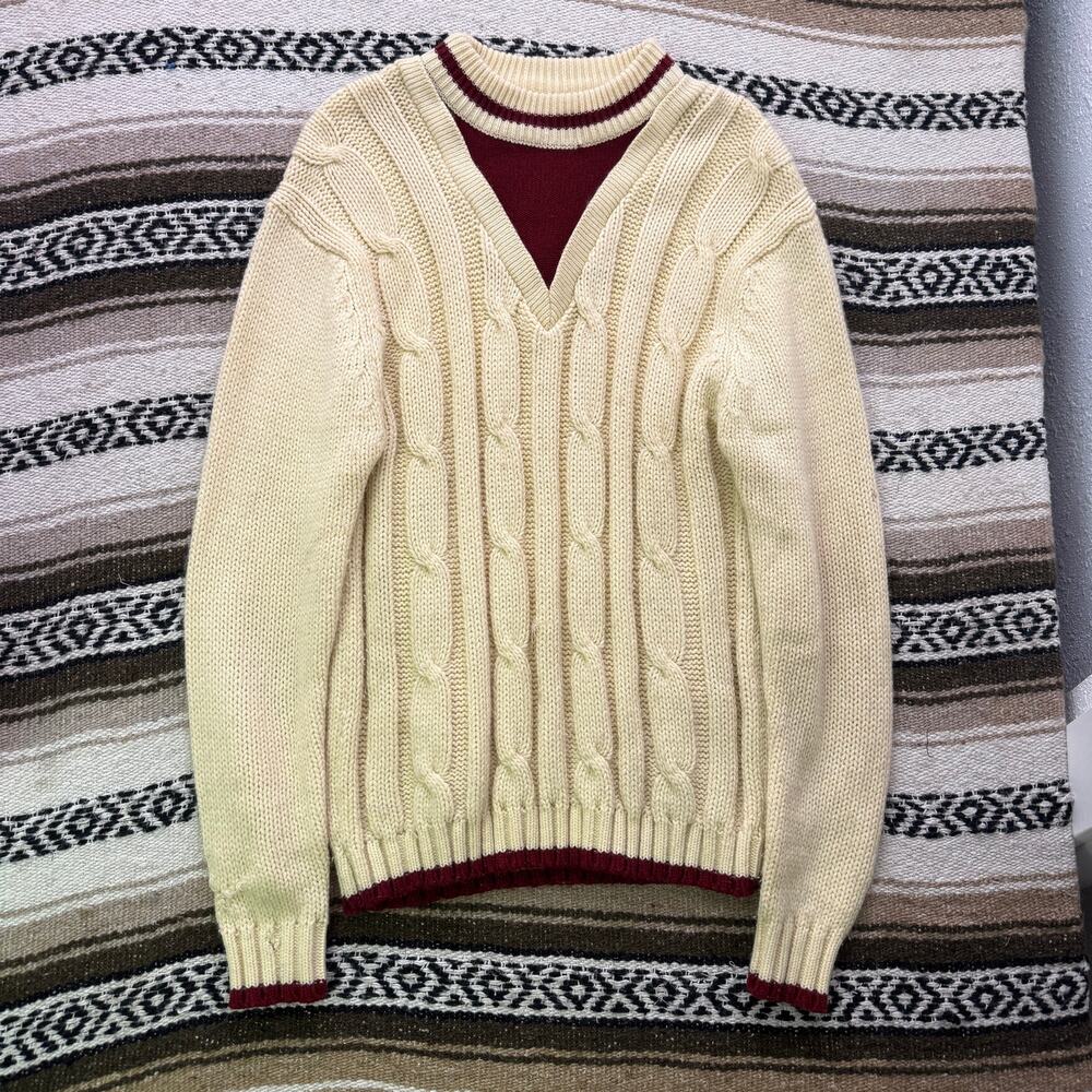 Men's Vintage 1970's Cream Beige Red Cable Knit V-Neck Pullover Sweater Sz Large